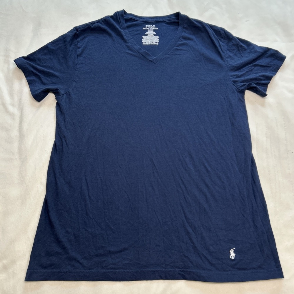 Polo Ralph Lauren‎ Mens Navy V Neck T Shirt Medium Embroidered Pony Logo Tee